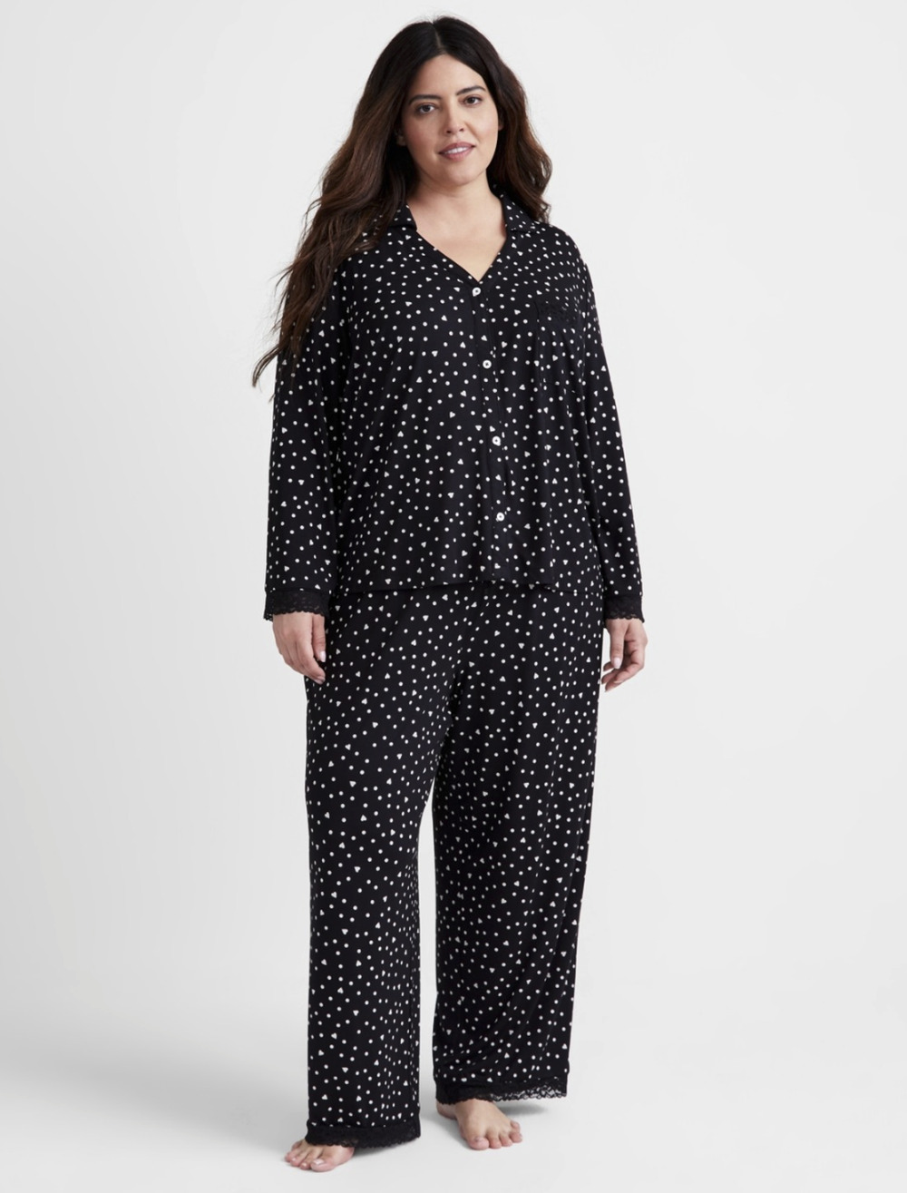 State of Day Women Collared Knit Pajama Set Black Dot Size XS